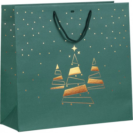 Sac Papier Vert "Sapins Festifs" 25 x 10 x 22 cm
