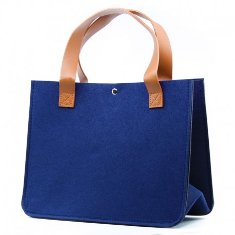 Sac Feutre Rectangle Marine Avec Anses Simili Cuir Camel 35x18x27cm
