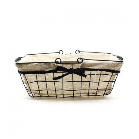 Panier Rectangle Métal Noir et Lin Anses Rabattables 35x25x13cm