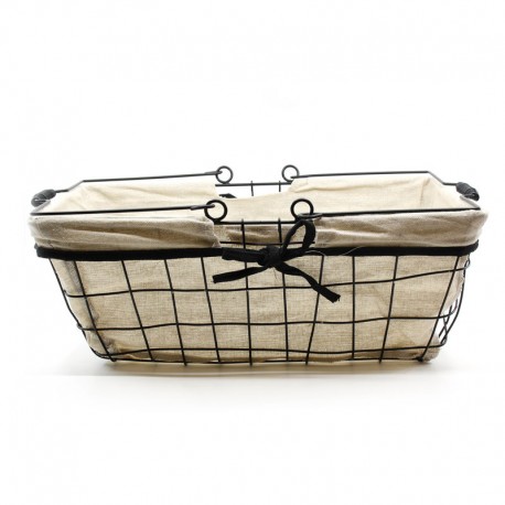 Panier Rectangle Métal Noir et Lin Anses Rabattables 39x29x15cm