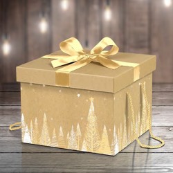 Coffret Carton Kraft Dorures Noeud Doré 27x27x20cm